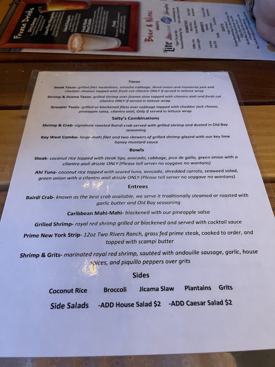 Salty's Island Bar & Grille gluten-free menu