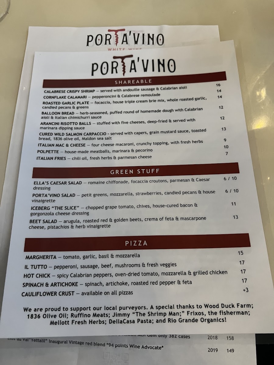 Porta'Vino gluten-free menu