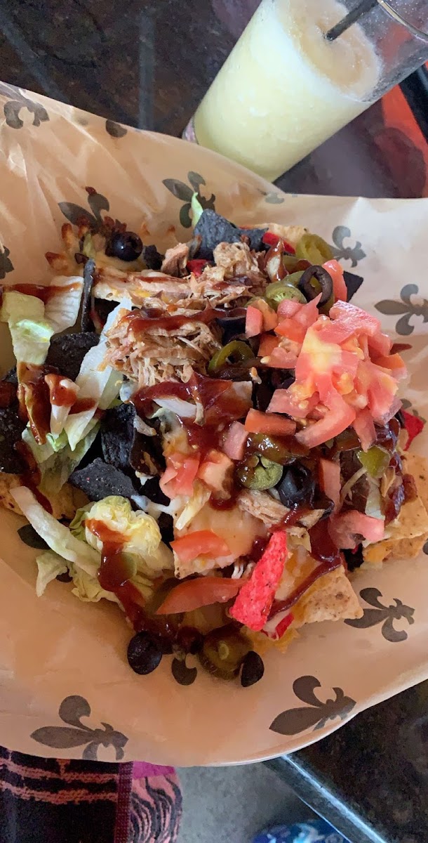 BBQ Pulled Pork Nachos with TriColor Corn Tortilla Chips (they recommended staying away from the house made tortilla chips FYI)