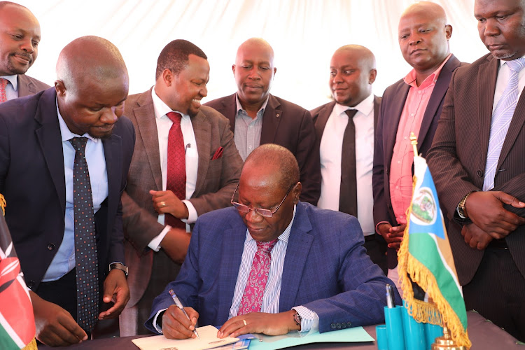 Kitui Governor Julius Malombe assents to the Kitui County Sand Utilisation and River Basins Conservation Act, 2023, on March 1