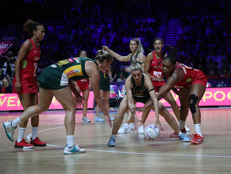 Izette Griesel of the SPAR Proteas and Serena Guthrie of England in action during the Vitality Netball World Cup match between South Africa and England at M&S Bank Arena on July 18, 2019 in Liverpool, England.