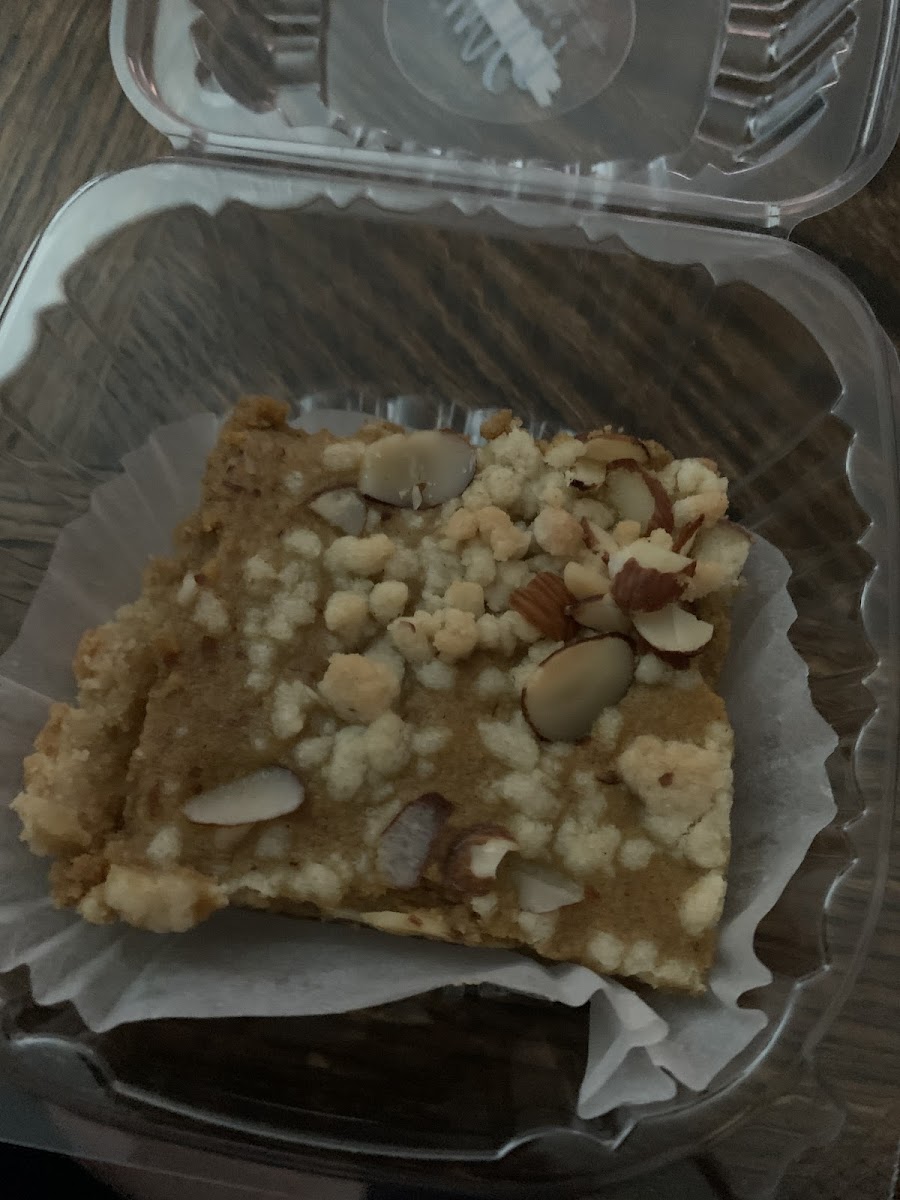 GF Pumpkin Almond bar from OMG Pastries. Delicious, good texture, no bad reaction at all!