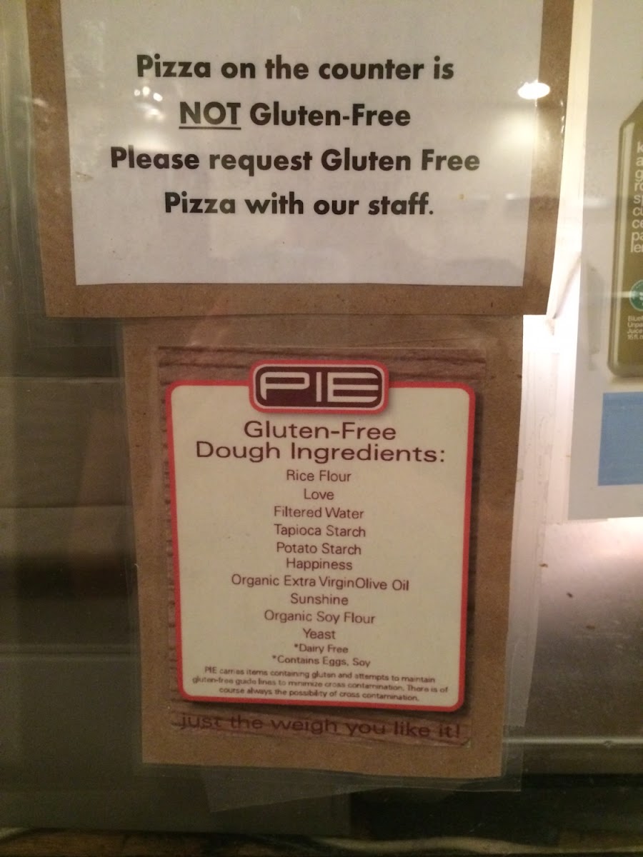 GF pizza made to order to avoid cross-contamination. Ingredients listed for other allergens.