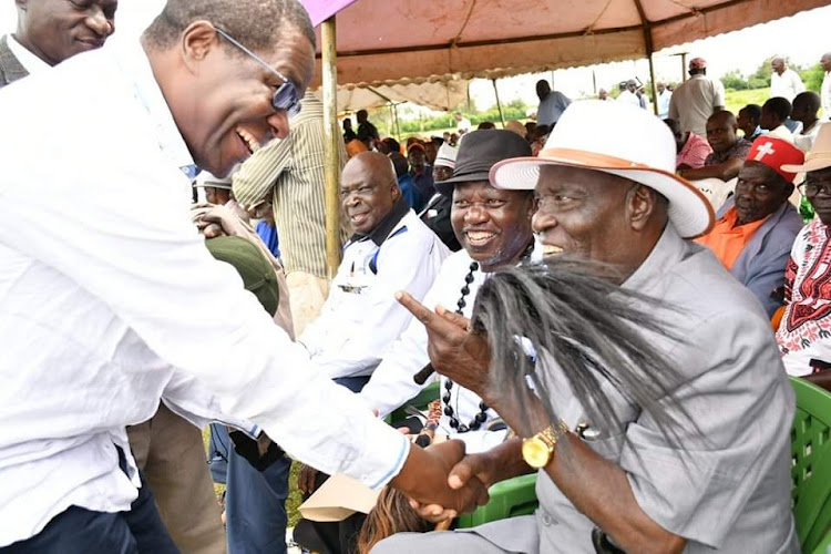 Minority leader in the National Assembly Opiyo Wandayi with Luo Council of Elder Chairman Ker Odungi Randa in Nyando Sub County during the burial of Canon Hilkia Muga Adhiambo Lomo one of the political lieutenants of the late Jaramogi Oginga Odinga.