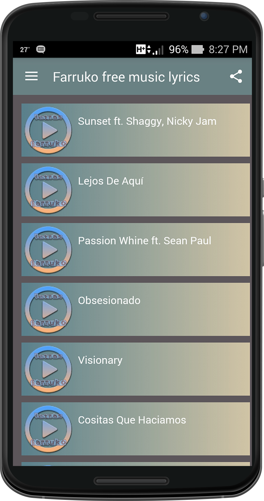 Android application Farruko free music lyrics screenshort