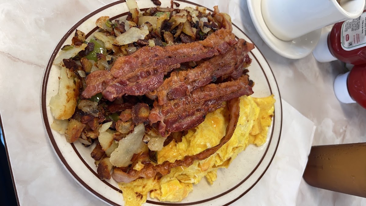 Bacon & Eggs with Cheese and Home fries with Peppers and Onions