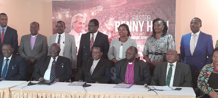 The Benny Hinn crusade steering committee led by Archbishop Harrison Nganga during a press briefing at Biblica House in Nairobi on February 13, 2024.
