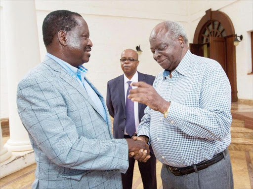 ODM Leader Raila Odinga with retired President Mwai Kibaki at his Muthaiga home yesterday. In the middle, son Jimmy Kibaki. /EVANS OUMA