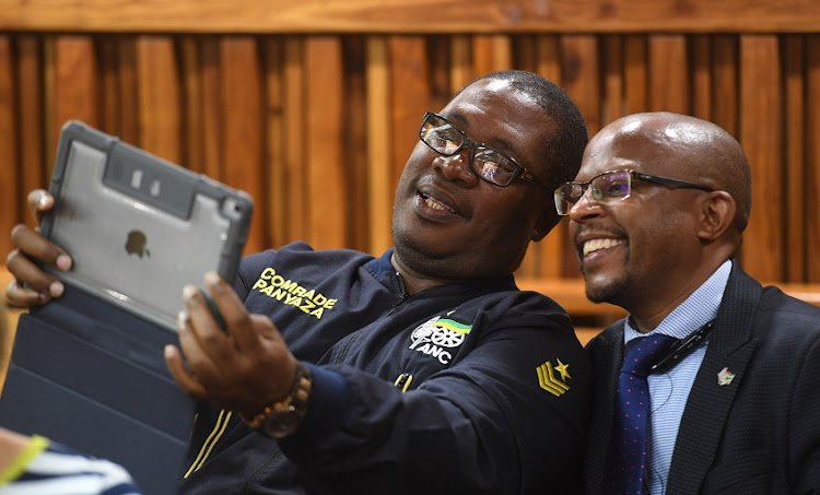 Gauteng Education MEC Panyaza Lesufi and NMF’s Sello Hatang during an application by the Nelson Mandela Foundation (NMF) outlaw public displays of the old South African flag at the Equality Court on April 29, 2019 in Johannesburg, South Africa.