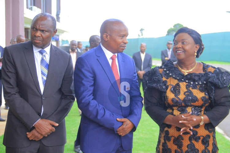 Head of Public Service Felix Koskei, Interior Cabinet Secretary Kithure Kindiki and Dorcas Rigathi at Ulinzi Sports Complex in Lang’ata, Nairobi for military honours and memorial service for Chief of Defence Forces General Francis Ogolla on April 20, 2024.
