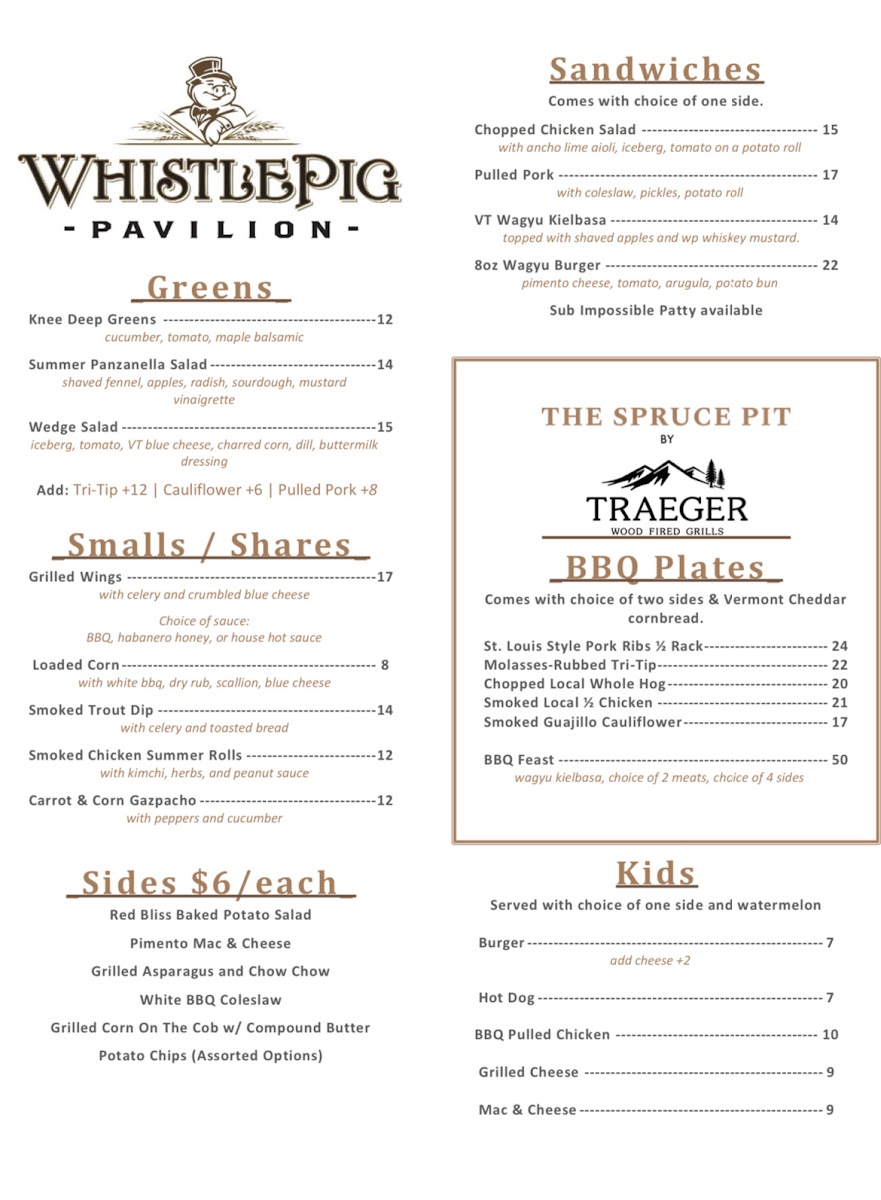 The WhistlePig Pavilion gluten-free menu
