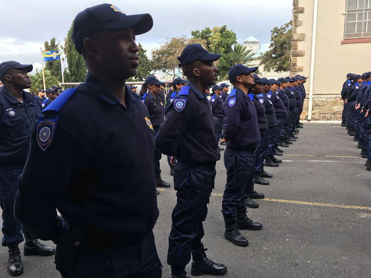 Some of Cape Town’s 70 trainee rail enforcement unit officers on parade in Observatory on September 12 2018