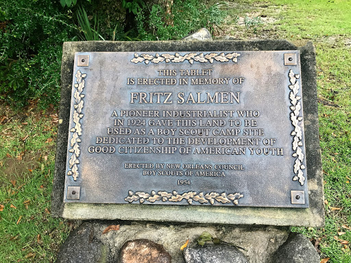 This Tabletis erected in memory ofFritz SalmenA pioneer industrialist whoin 1924 gave this land to be used as a Boy Scout camp siteDedicated to the development ofgood citizenship of American youth.