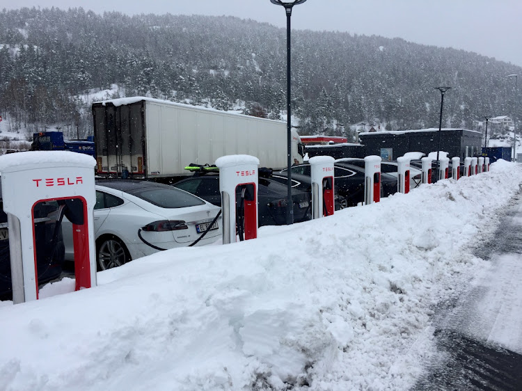 Electric cars are seen at a Tesla charging station in Gulsvik, Norway, on March 17 2019. Picture: REUTERS/TERJE SOLSVIK/FILE