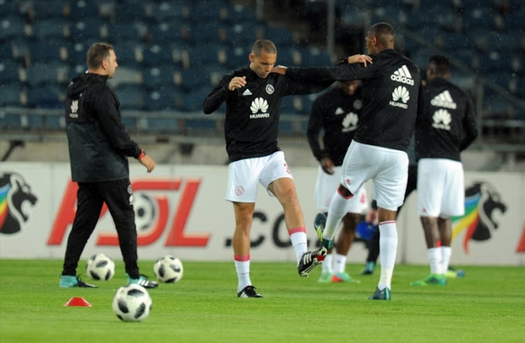 Ajax players warming up during the Nedbank Cup Last 32 match between Orlando Pirates and Ajax Cape Town at Orlando Stadium on February 10, 2018 in Johannesburg.