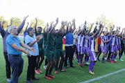 Maritzburg United celebrates tthe win and acknowledge the crowds during the Nedbank Cup Semi Final between Maritzburg United and Mamelodi Sundowns at Harry Gwala Stadium on April 22, 2018 in Durban, South Africa. 
