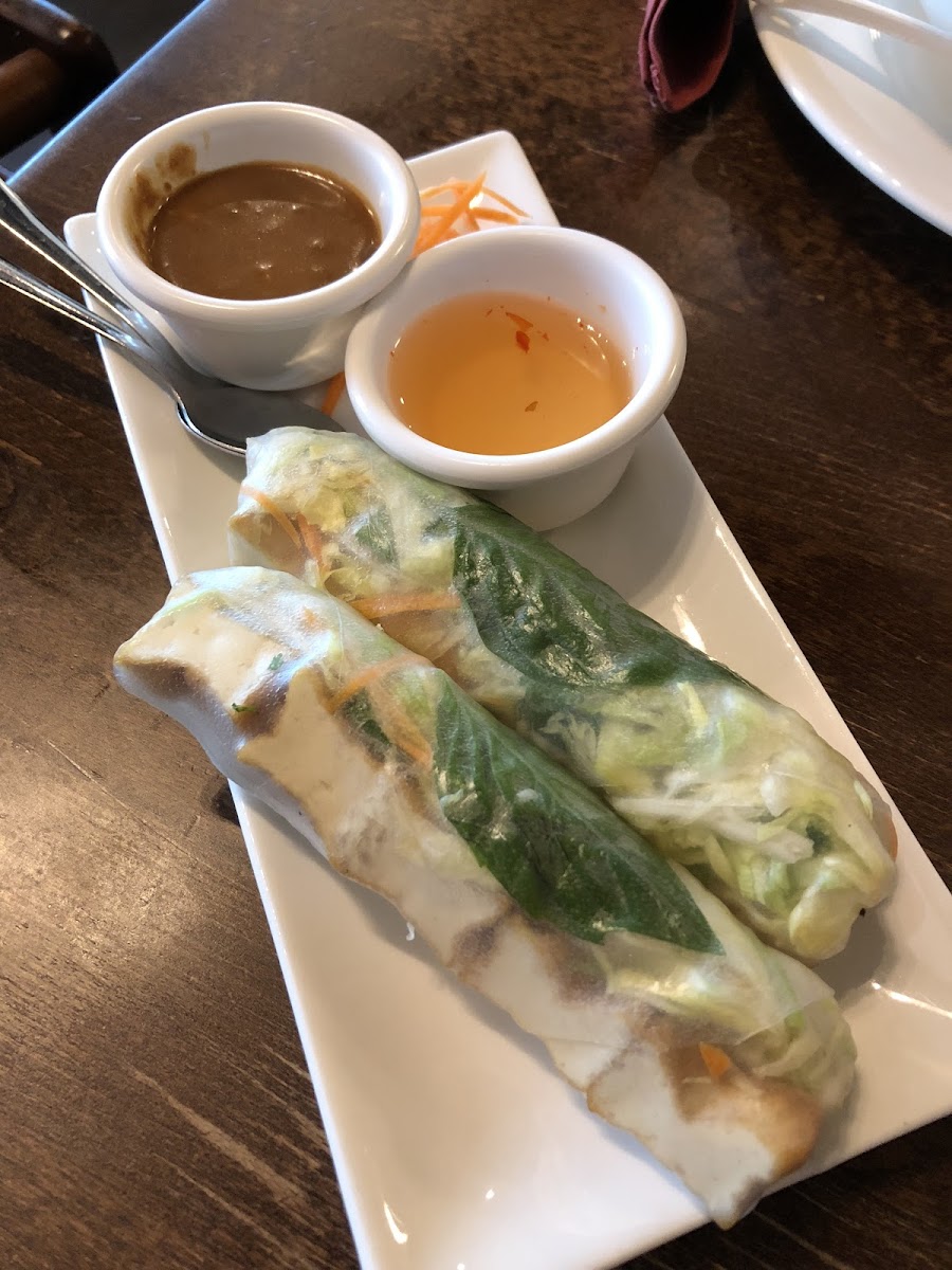 Fresh spring rolls with tofu. It’s served with peanut sauce and sweet chili sauce.