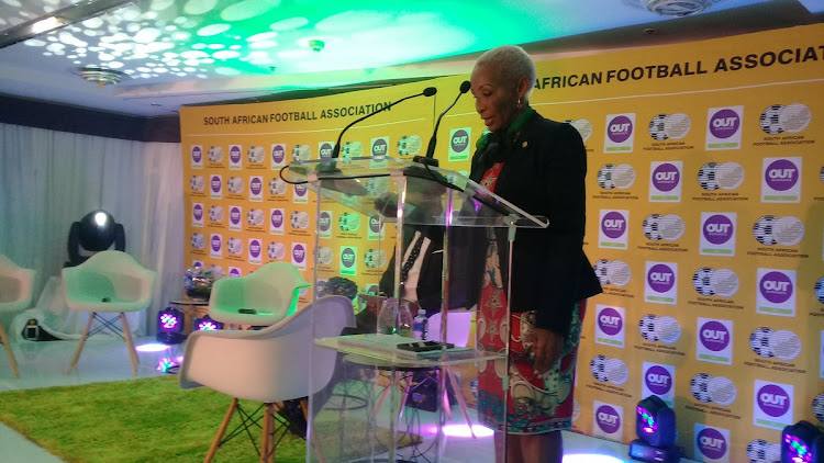 SA Football Association vice-president Ria Ledwaba speaks to the media during the sponsorship announcement of insurance company OUTsurance as Safa House in Johannesburg on September 11 2018.