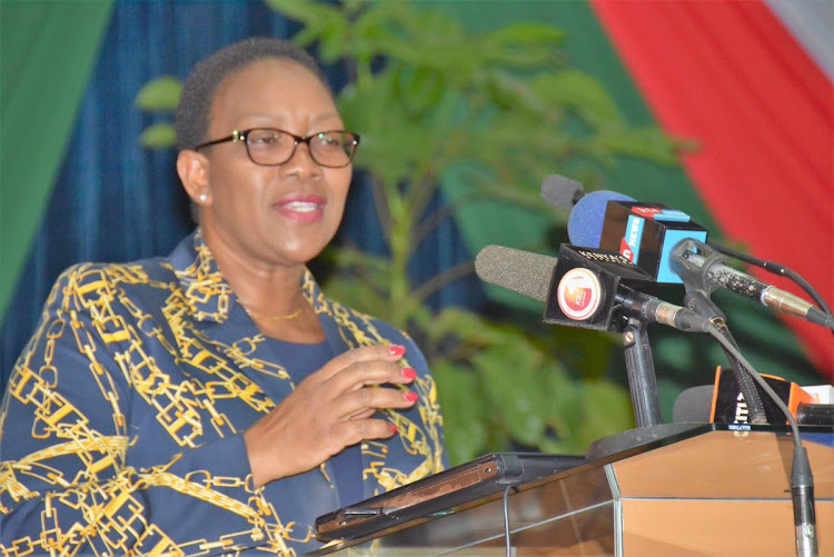 Health CS Sicily Kariuki during the Health and Security Conference at the Kenya School of Monetary Studies on May 16