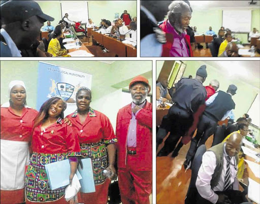 ORDERED OUT: EFF councillors were forcibly removed from Mbizana Local Municipality Council chambers this week for allegedly being inappropriately attired. In the picture left are from left, Nwabisa Langasiki, Lungiswa Nqodi, Penelope Sobhoyi and 90-year old Mthuthuzeli Spelman Picture: SUPPLIED