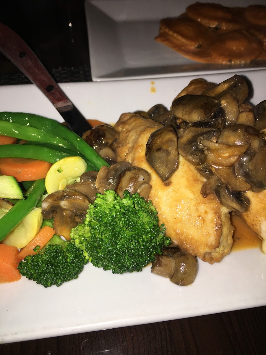 Chicken stuffed with mozzarella and prosciutto with mushroom sauce