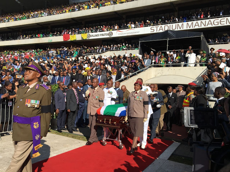 The coffin arrives at Orlando Stadium for Winnie Madikizela-Mandela's funeral.