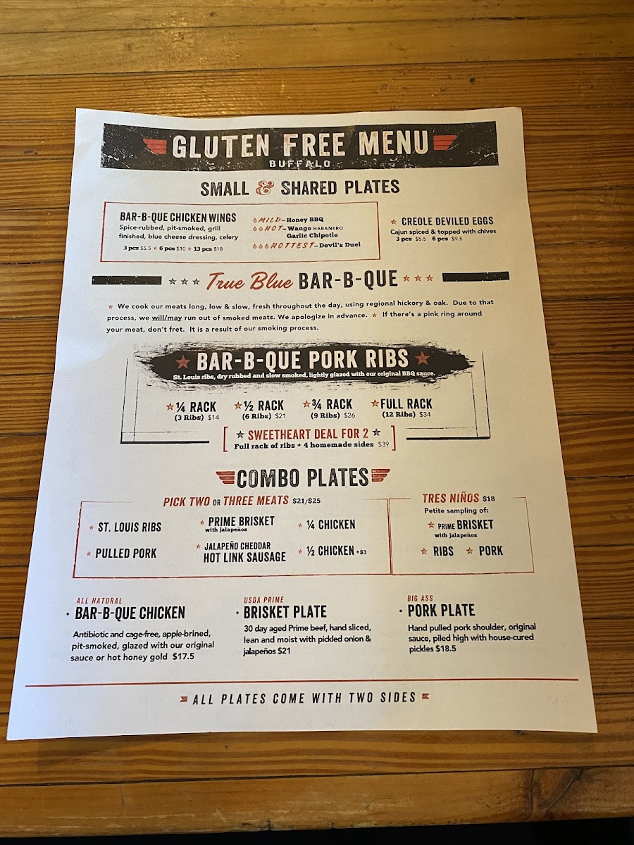 Dinosaur BBQ gluten-free menu