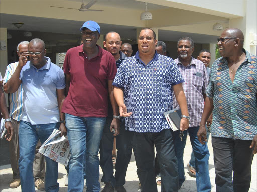 Kilifi North MP Gideon Mung'aro together with section of ODM leaders and their supporters from the Coastal region seen shortly after addressing the media on their dismissal from the party in February, 2016. /FILE