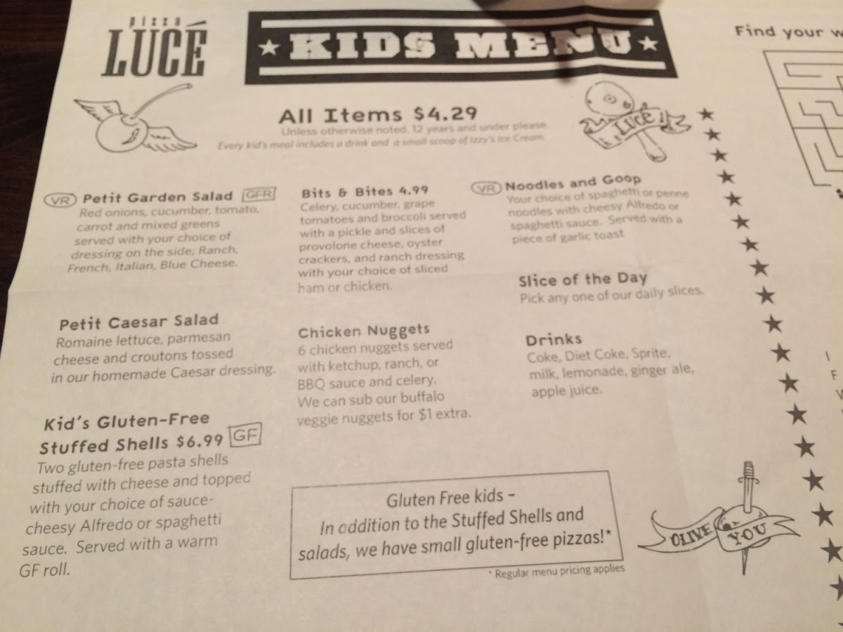 Kids menu