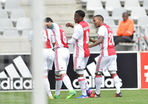 Ajax celebrate after the goal scored by Grant Margeman of Ajax Cape Town during the Absa Premiership match between Ajax Cape Town and Platinum Stars at Cape Town Stadium on April 30, 2017 in Cape Town, South Africa. (Photo by Ashley Vlotman/Gallo Images)