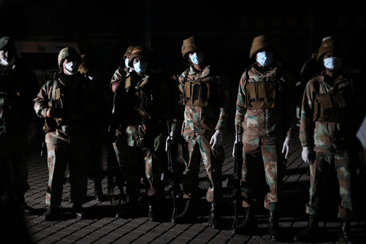 SANDF soldiers in Mary Fitzgerald square in Newtown Johannesburg. They will be deployed to Alex, Hillbrow and other parts of the Johannesburg during the lockdown.