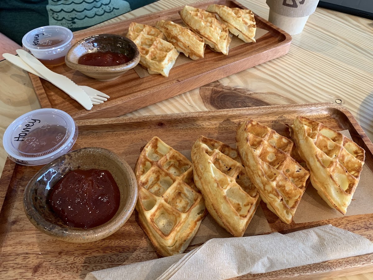 Cheesy waffles with guava jam and honey