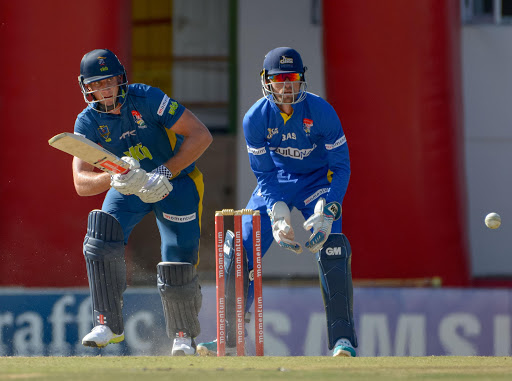 Theunis de Bruyn (C) of VKB Knights and Dane Vilas of Buildnat Cape Cobras during the Momentum One Day Cup match between VKB Knights and BuildNat Cape Cobras at Mangaung Oval on February 18, 2017 in Bloemfontein, South Africa.