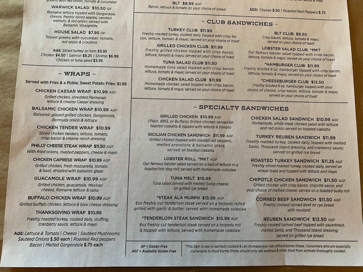 The Greenwood Inn gluten-free menu