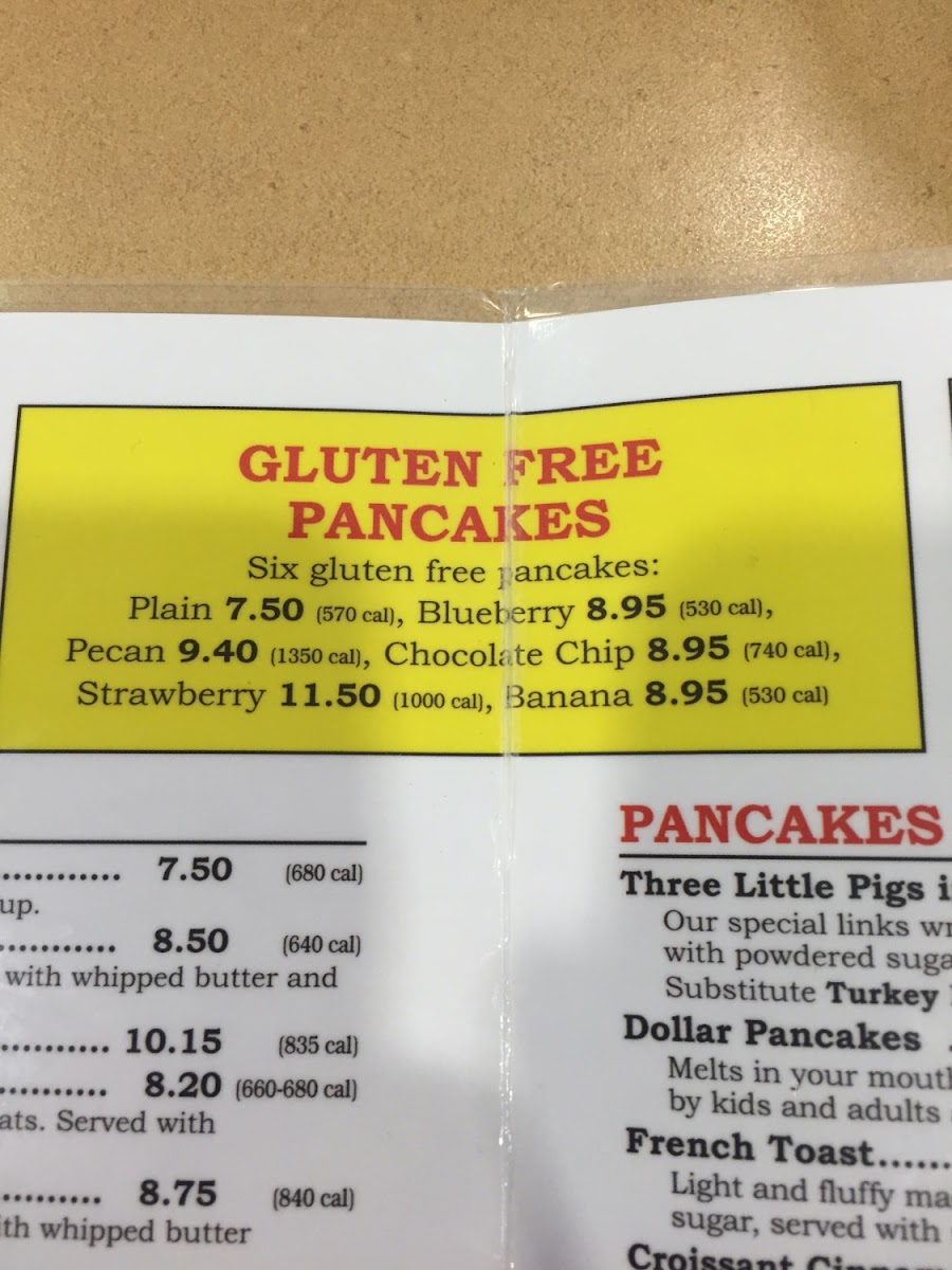 Gluten Free pancake options are right at the top center of the menu.