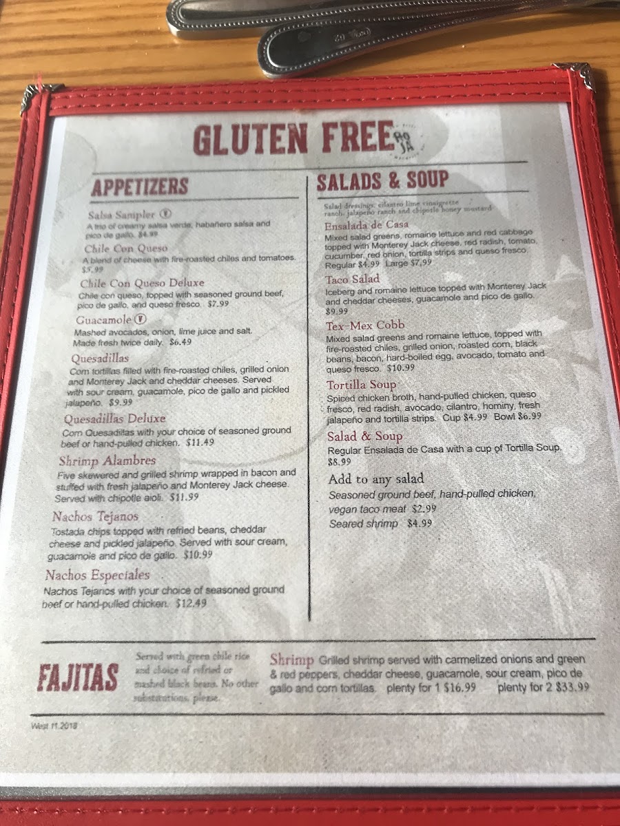 Roja Mexican Grill gluten-free menu