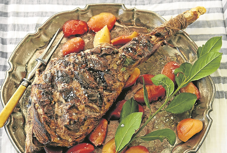 Roast leg of lamb with spiced yoghurt.