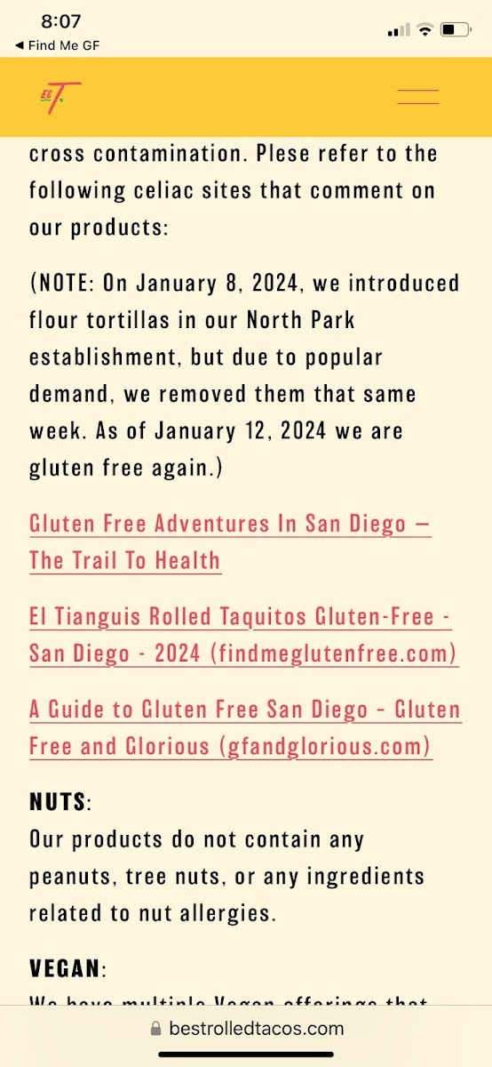 El Tianguis - Mission Valley gluten-free menu