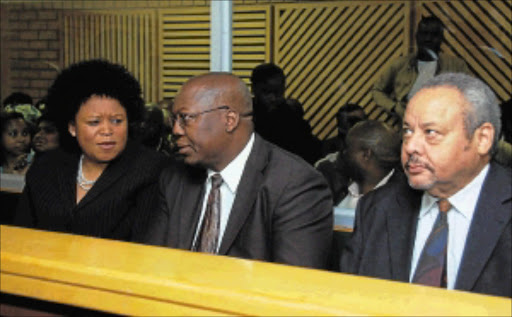 Peggy Nkonyeni, speaker of the KwaZulu-Natal legislature, economic development MEC Mike Mabuyakhulu and former head of the province's health department, Ronald Green-Thompson, in the Pietermaritzburg Magistrate's Court. File photo.