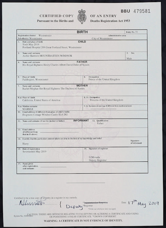 The birth certificate of Archie Harrison Mountbatten-Windsor, son of the Duke and Duchess of Sussex.