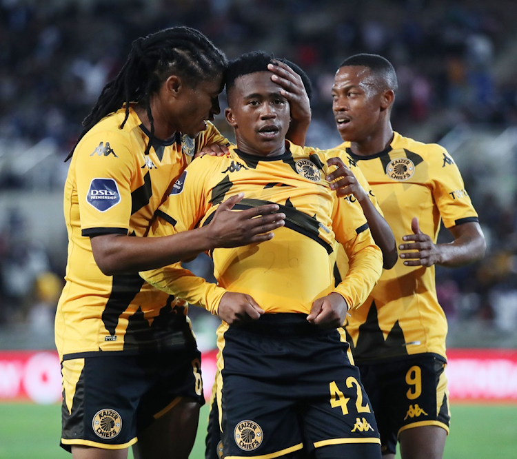 Mduduzi Shabalala of Kaizer Chiefs celebrates scoring with teammates in their DStv Premiership win against Supersport United at the Peter Mokaba Stadium in Polokwane on Saturday night.