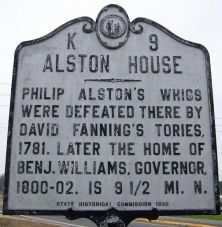 Philip Alston's Whigs were defeated there by David Fanning's Tories, 1781. Later the home of Benj. Williams, Governor, 1800-02. Is 9 1/2 mi. N.Plaque via North Carolina Highway Historical Marker...
