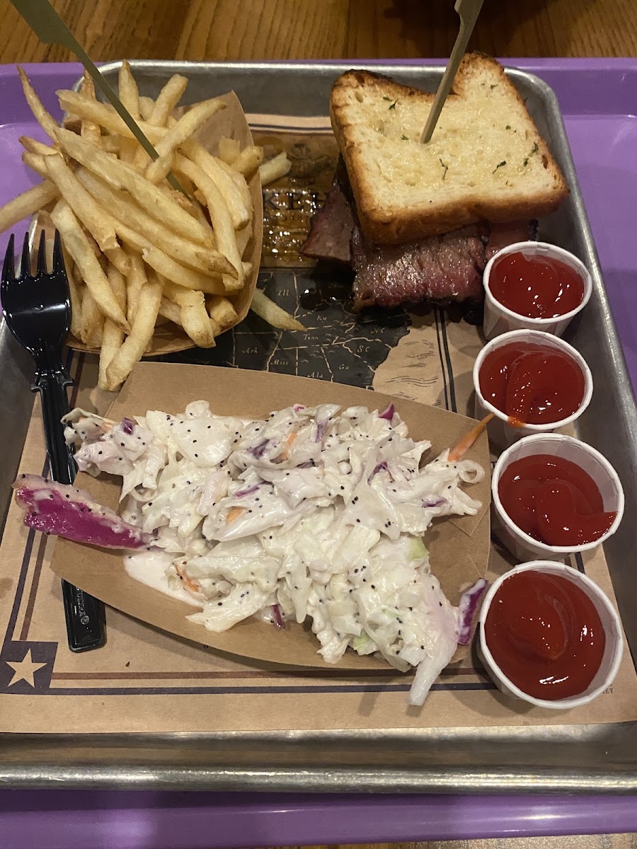 GF Beef Brisket with a side of coleslaw and another side of fries