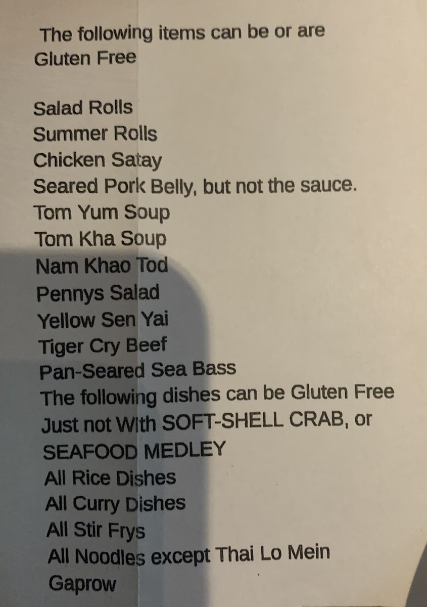 This is the cheat sheet that the server gave me. Hope this helps! I got yellow curry. I am GF and dairy free too.