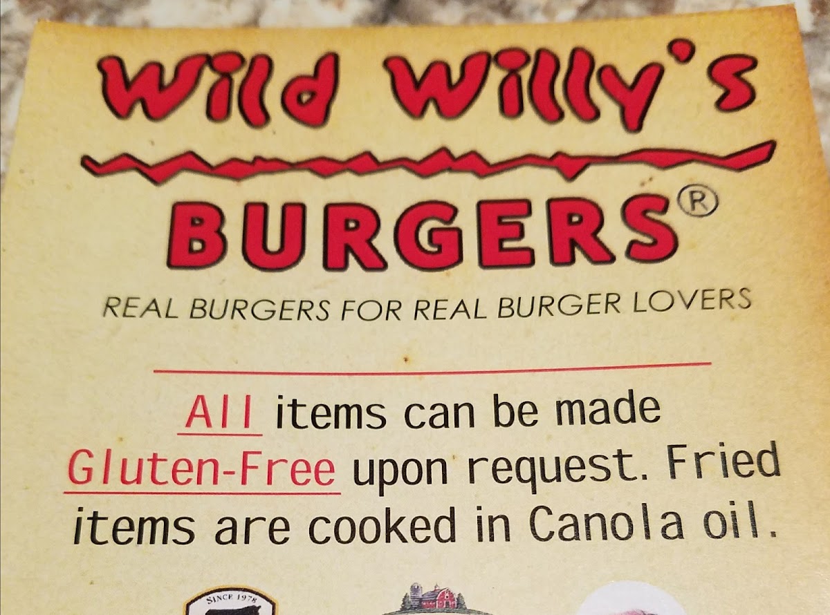 Wild Willy's Burgers gluten-free menu
