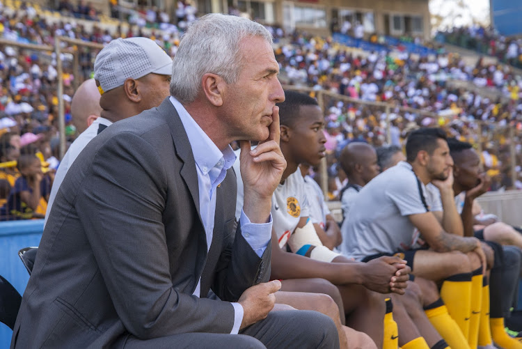 Ernst Middendorp and his bench watch from the sidelines during the Macufe Cup match against Bloemfontein Celtic.