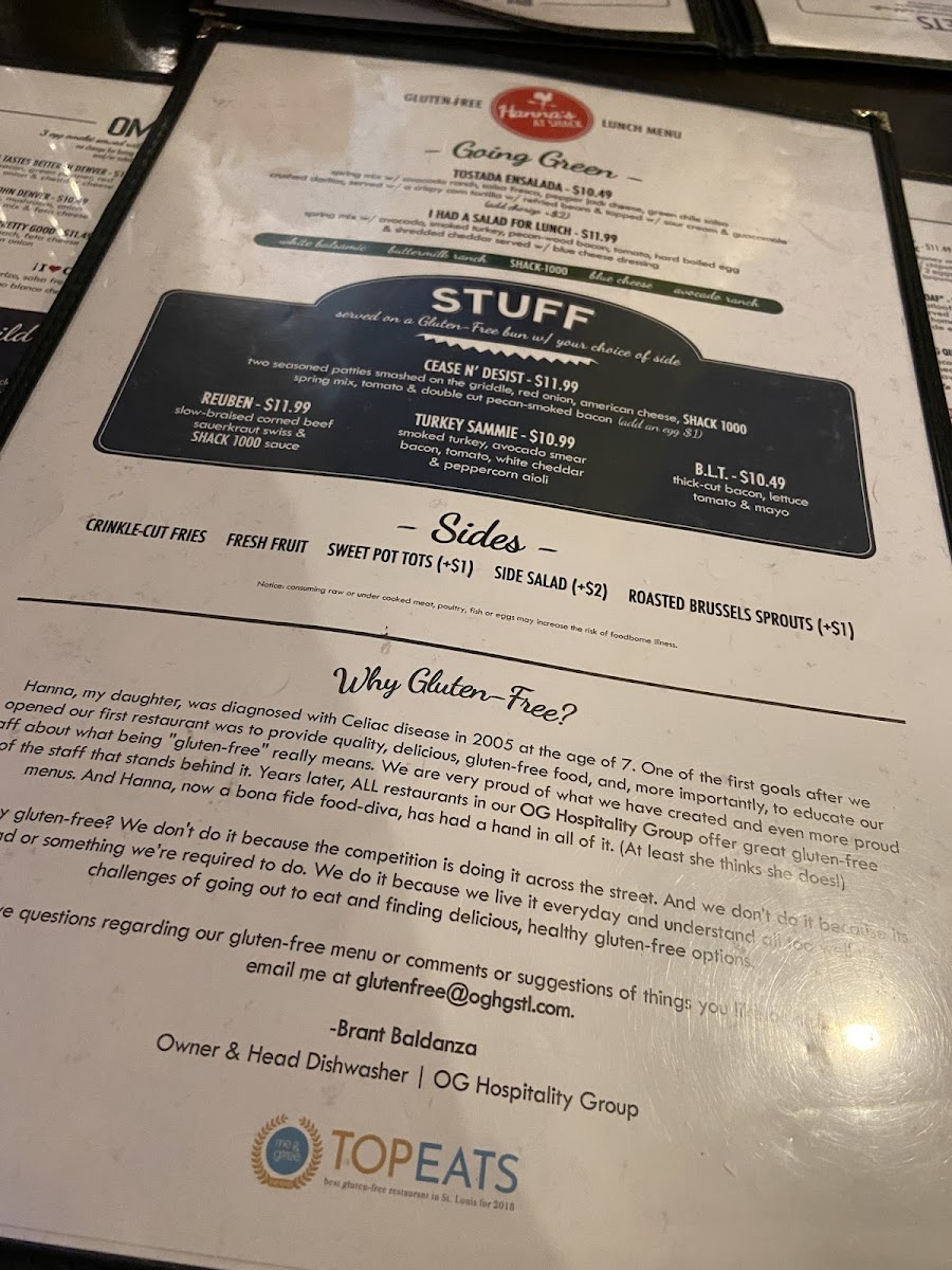 The Shack gluten-free menu