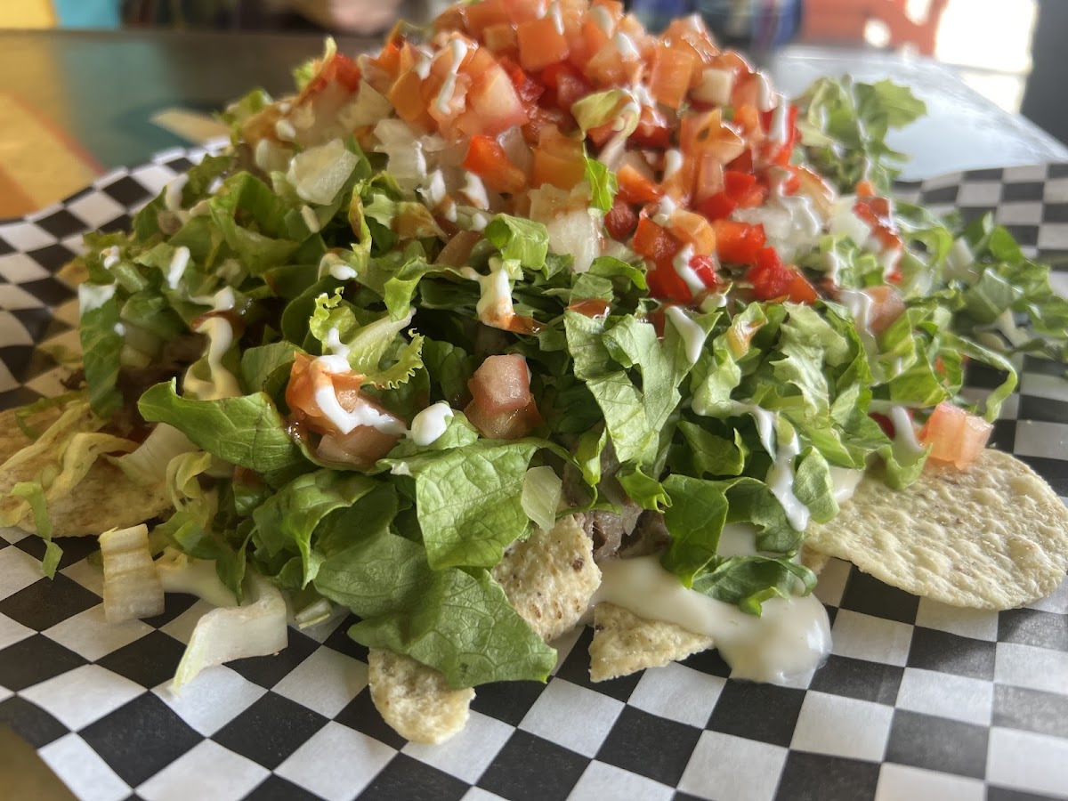 Gluten free brisket with gluten free nacho chips.