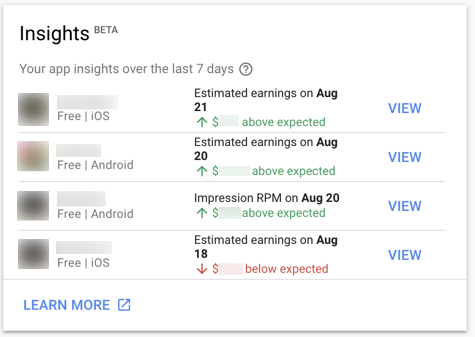 Example of insights on the home dashboard in the Ad Mob interface.