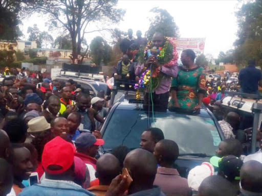 Senator Kipchumba Murkomen celebrates victory in Iten town on Tuesday Photo/Mathews Ndanyi